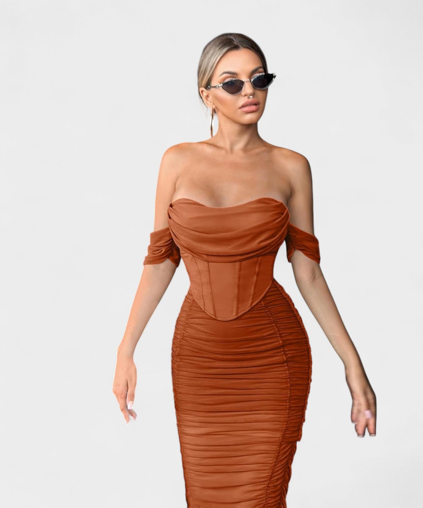 Sofia | Off - Shoulder Ruched Bodycon Midi Dress - Lora Toronto