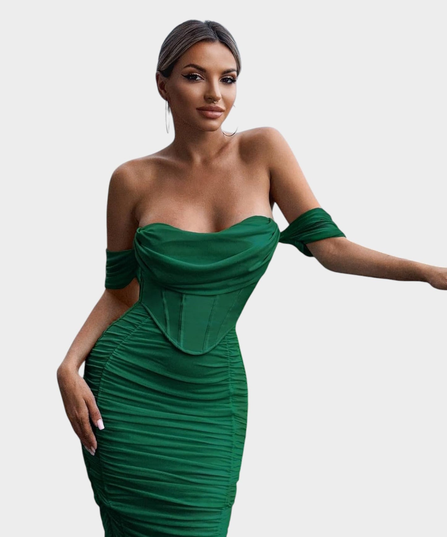 Sofia | Off - Shoulder Ruched Bodycon Midi Dress - Lora Toronto