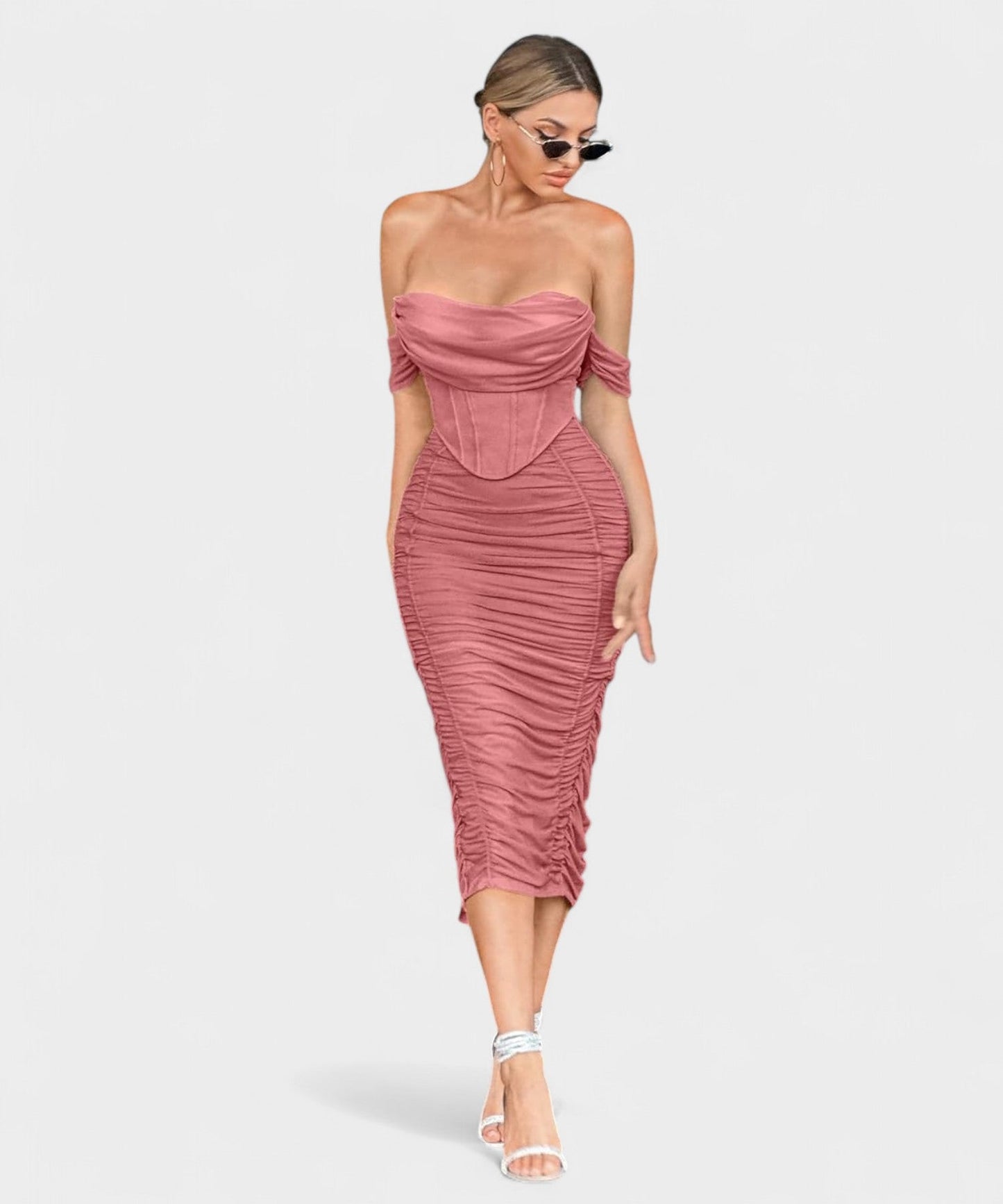 Sofia | Off - Shoulder Ruched Bodycon Midi Dress - Lora Toronto