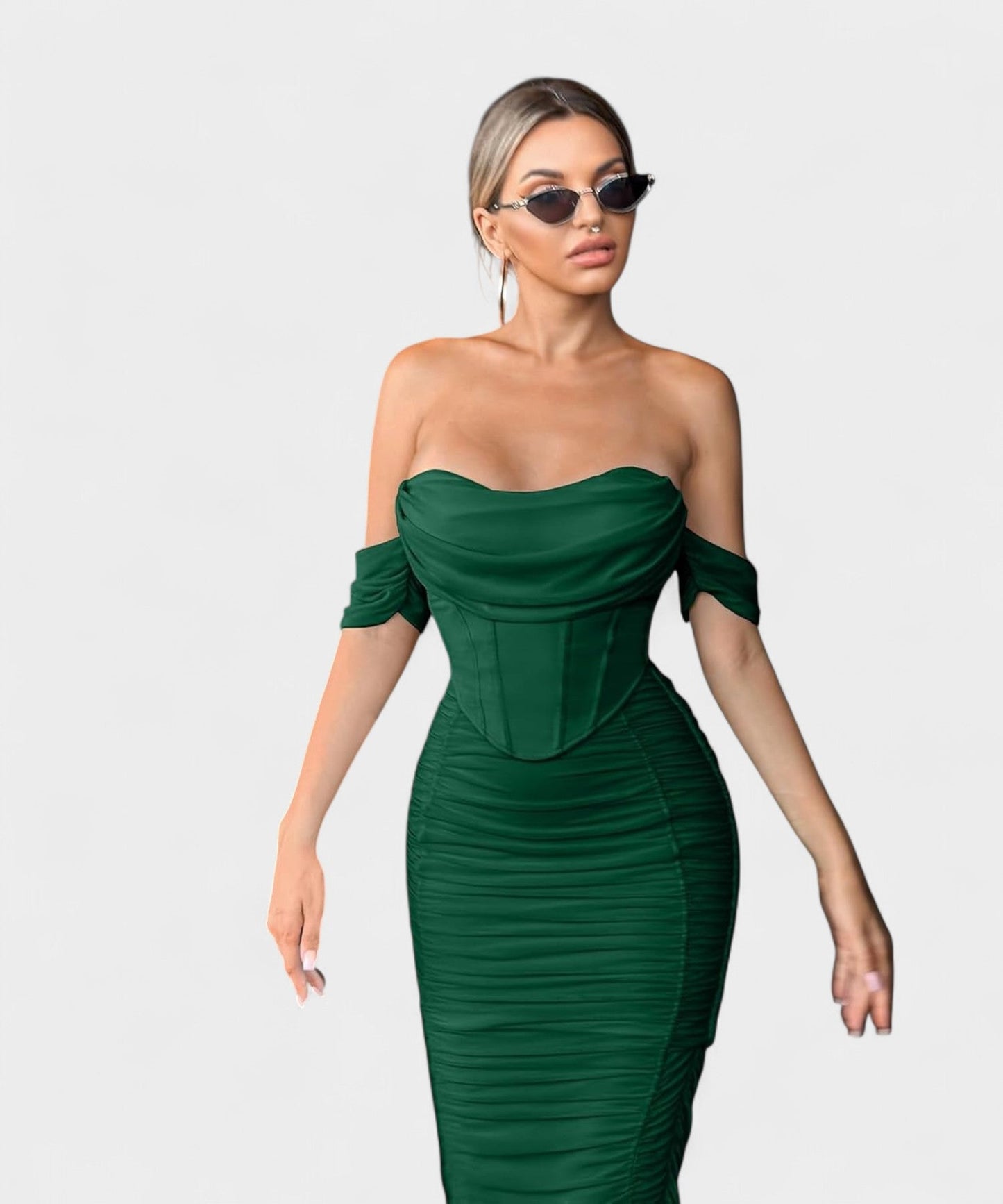 Sofia | Off - Shoulder Ruched Bodycon Midi Dress - Lora Toronto