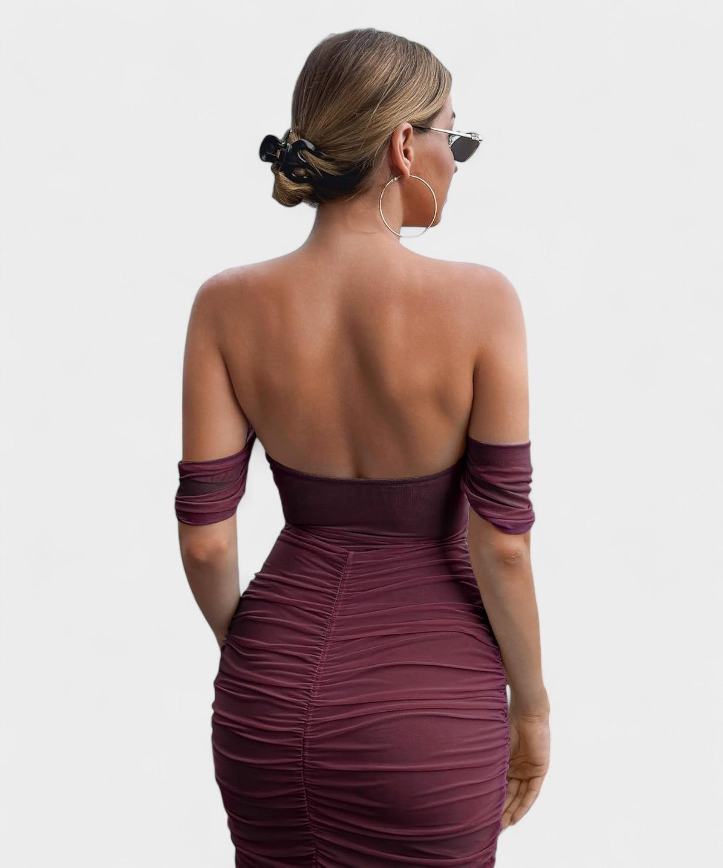 Sofia | Off - Shoulder Ruched Bodycon Midi Dress - Lora Toronto