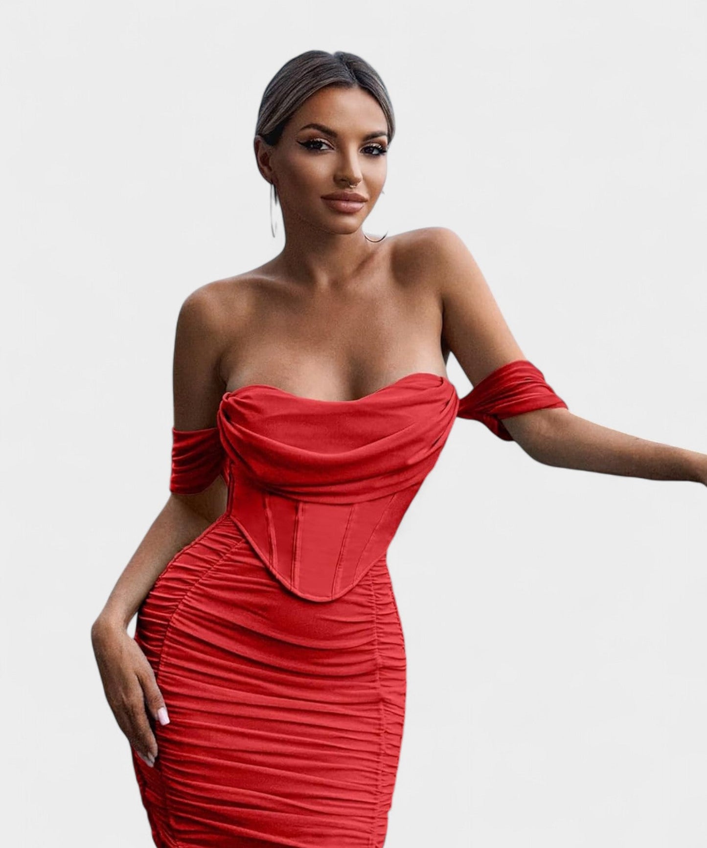Sofia | Off - Shoulder Ruched Bodycon Midi Dress - Lora Toronto