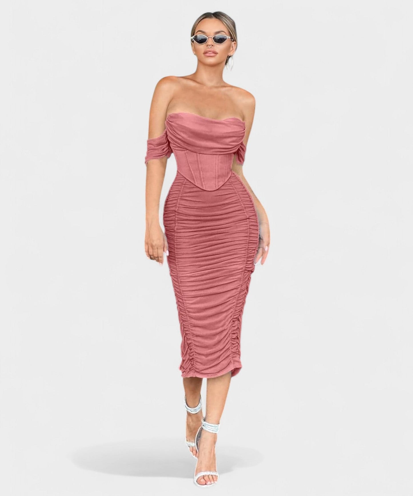 Sofia | Off - Shoulder Ruched Bodycon Midi Dress - Lora Toronto