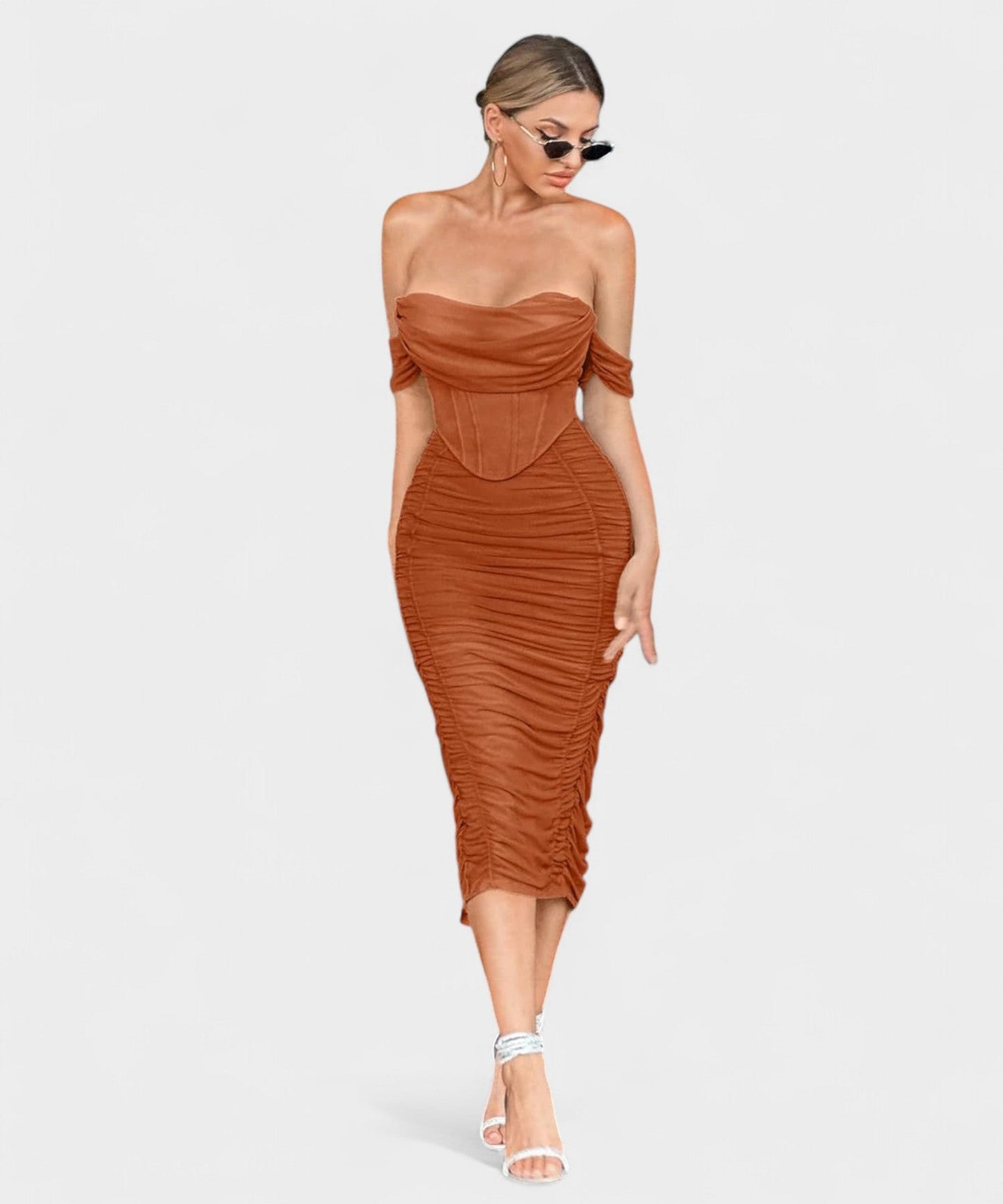 Sofia | Off - Shoulder Ruched Bodycon Midi Dress - Lora Toronto