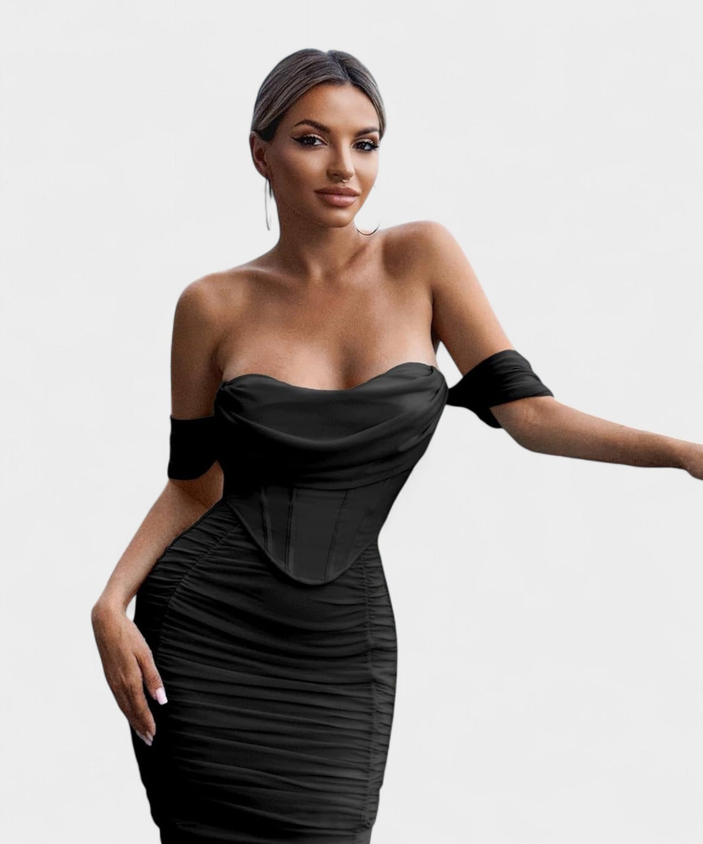 Sofia | Off - Shoulder Ruched Bodycon Midi Dress - Lora Toronto