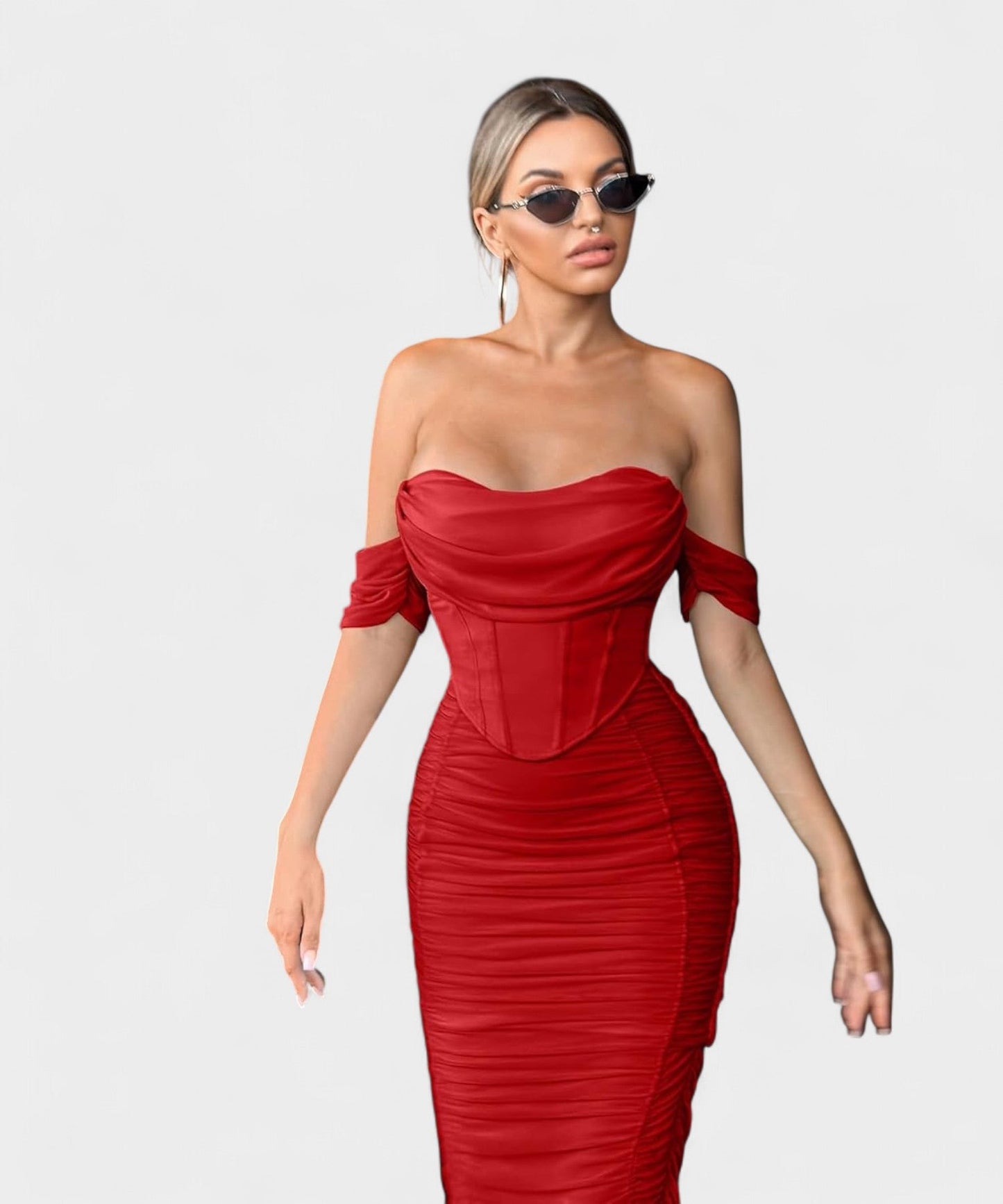 Sofia | Off - Shoulder Ruched Bodycon Midi Dress - Lora Toronto