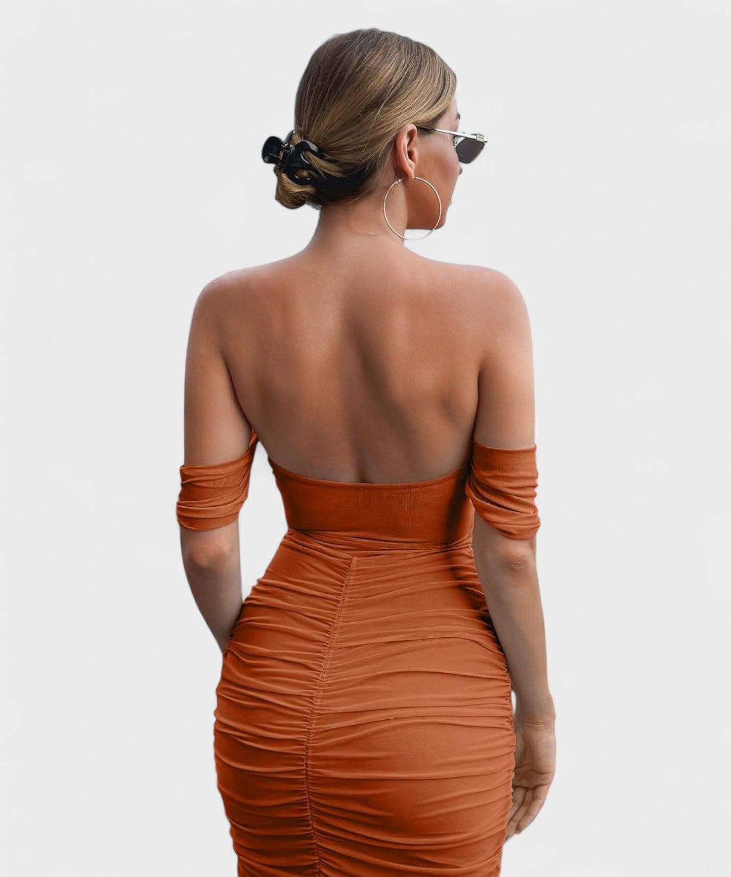Sofia | Off - Shoulder Ruched Bodycon Midi Dress - Lora Toronto