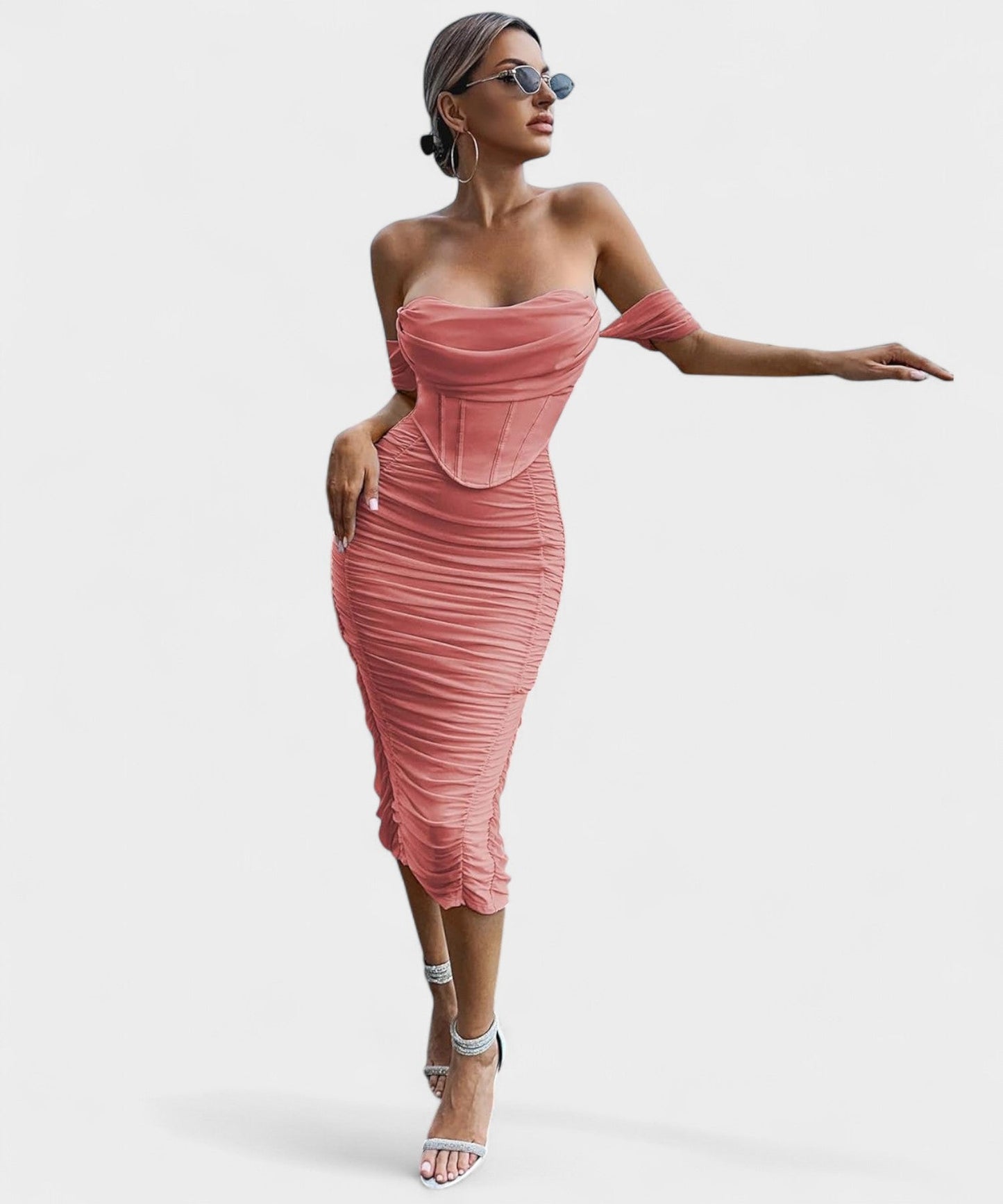 Sofia | Off - Shoulder Ruched Bodycon Midi Dress - Lora Toronto