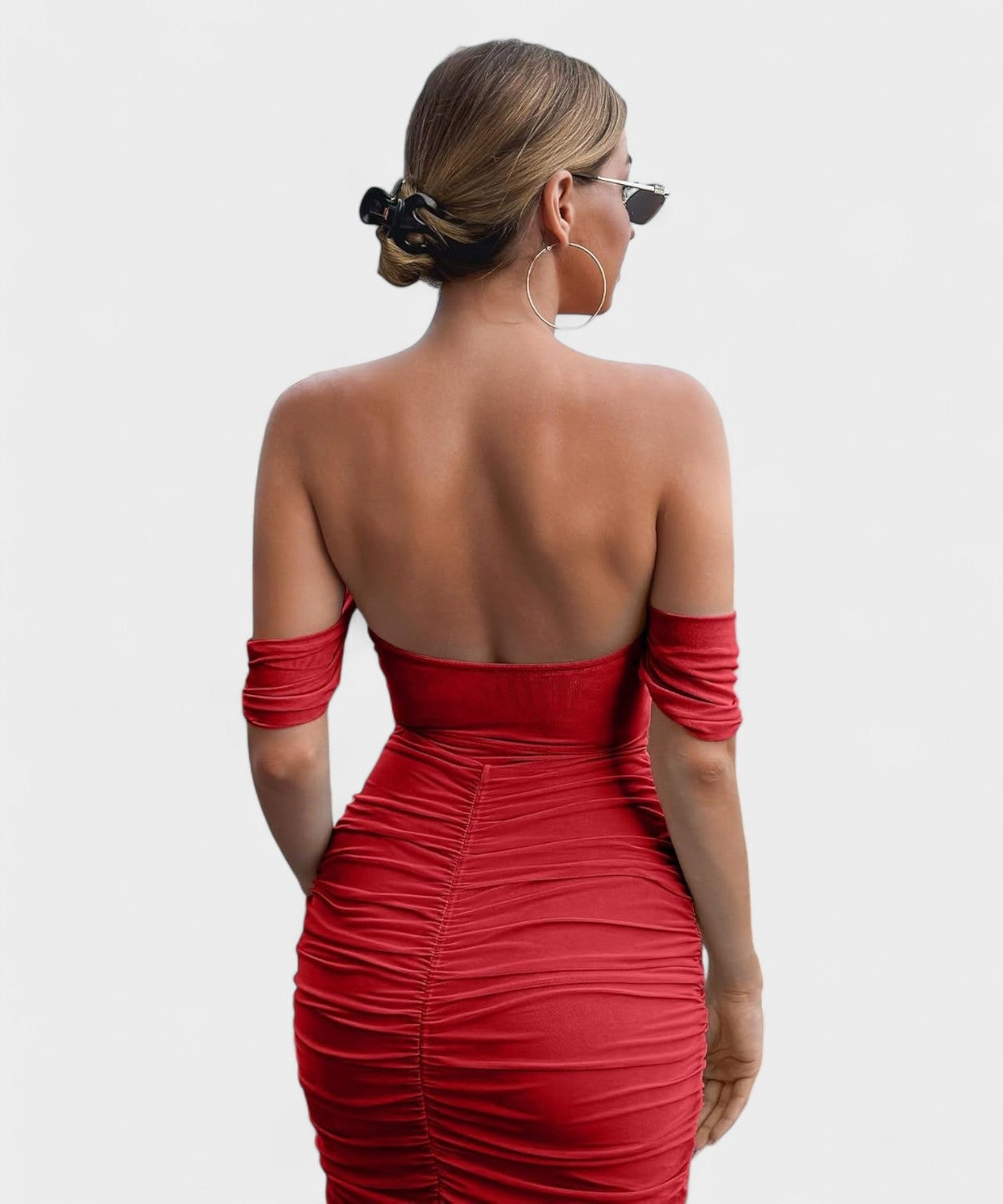 Sofia | Off - Shoulder Ruched Bodycon Midi Dress - Lora Toronto