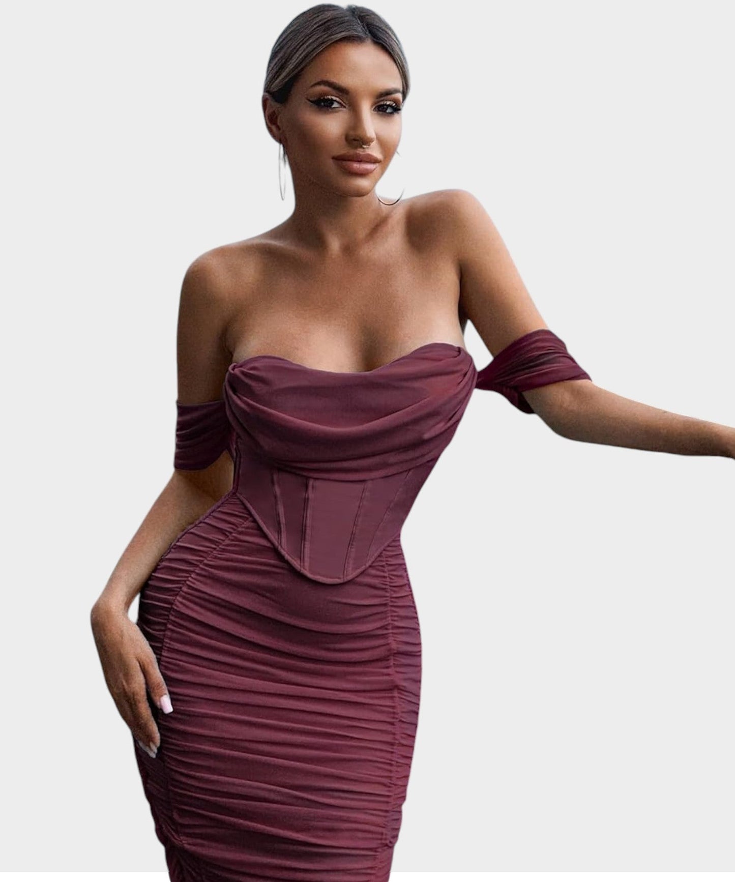 Sofia | Off - Shoulder Ruched Bodycon Midi Dress - Lora Toronto