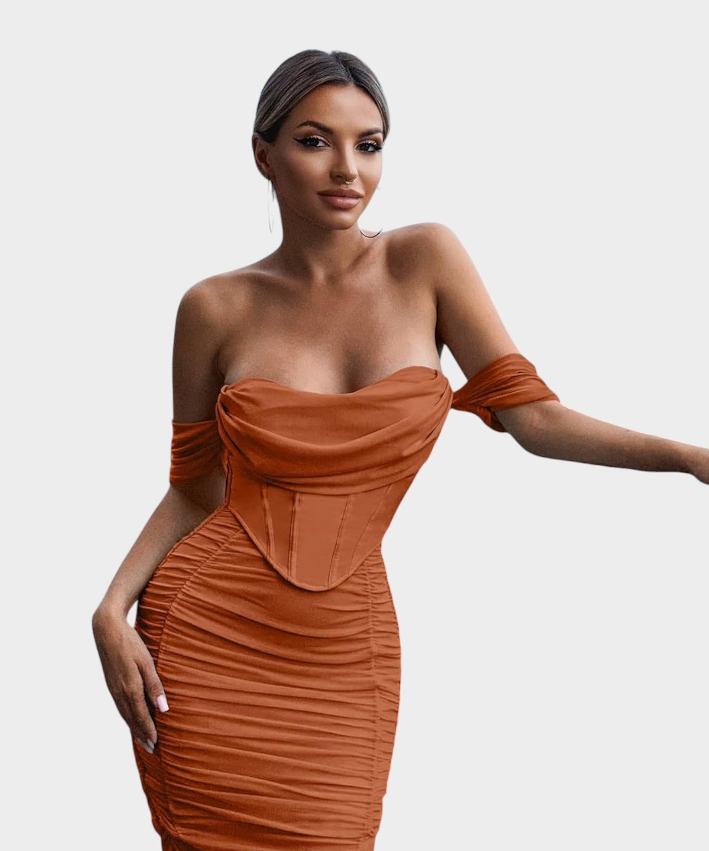 Sofia | Off - Shoulder Ruched Bodycon Midi Dress - Lora Toronto