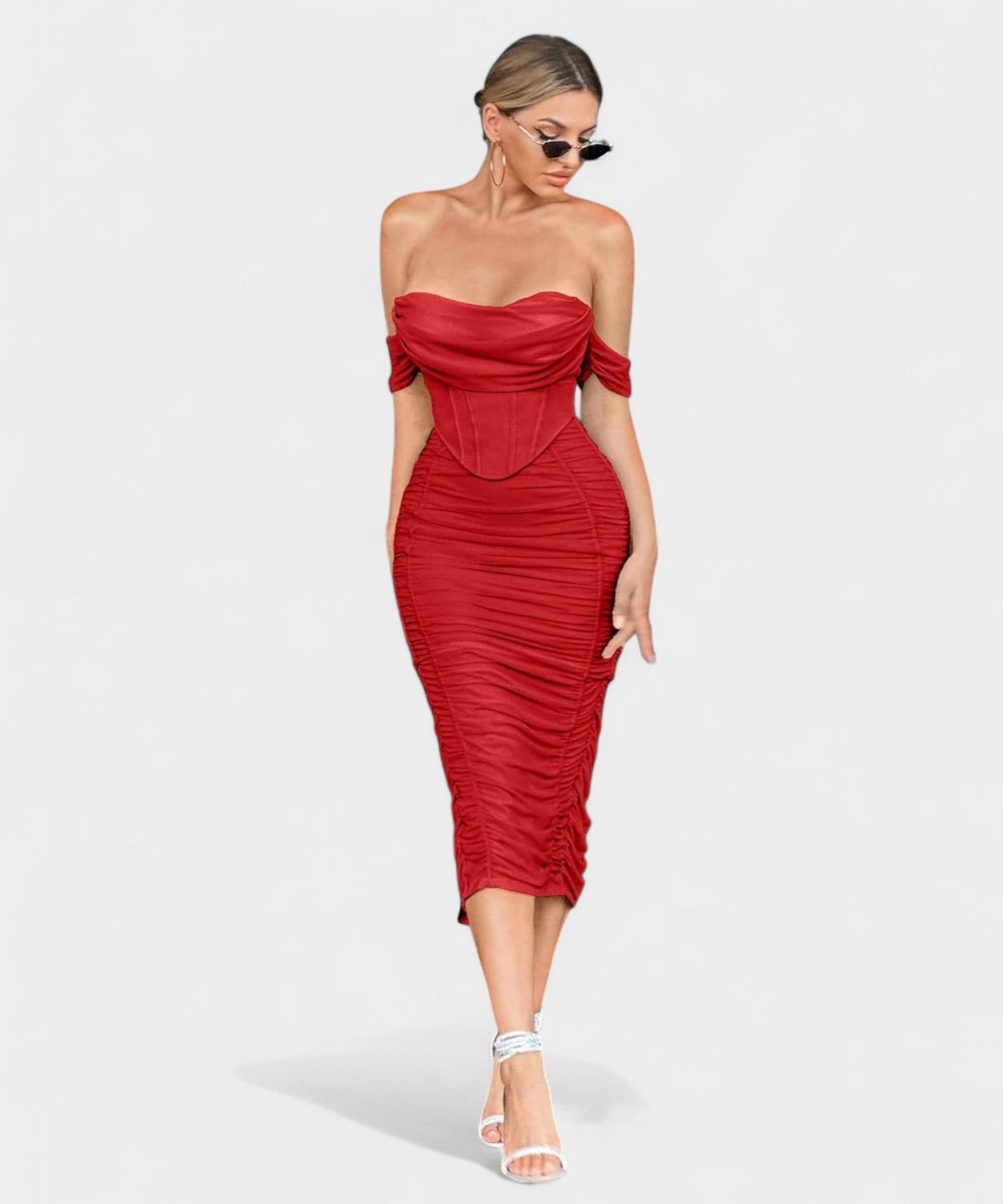 Sofia | Off - Shoulder Ruched Bodycon Midi Dress - Lora Toronto