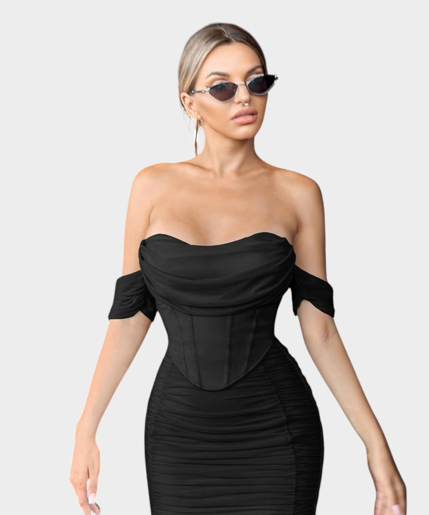 Sofia | Off - Shoulder Ruched Bodycon Midi Dress - Lora Toronto