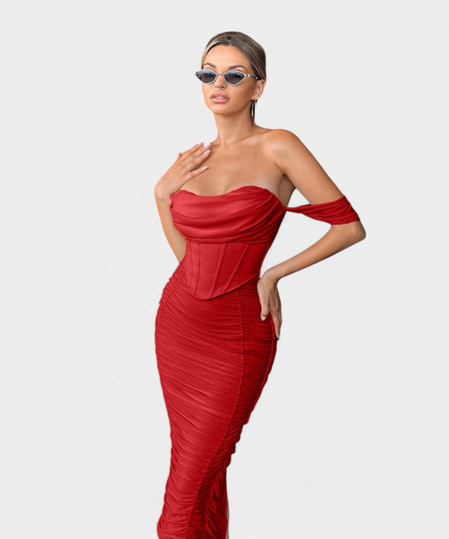 Sofia | Off - Shoulder Ruched Bodycon Midi Dress - Lora Toronto