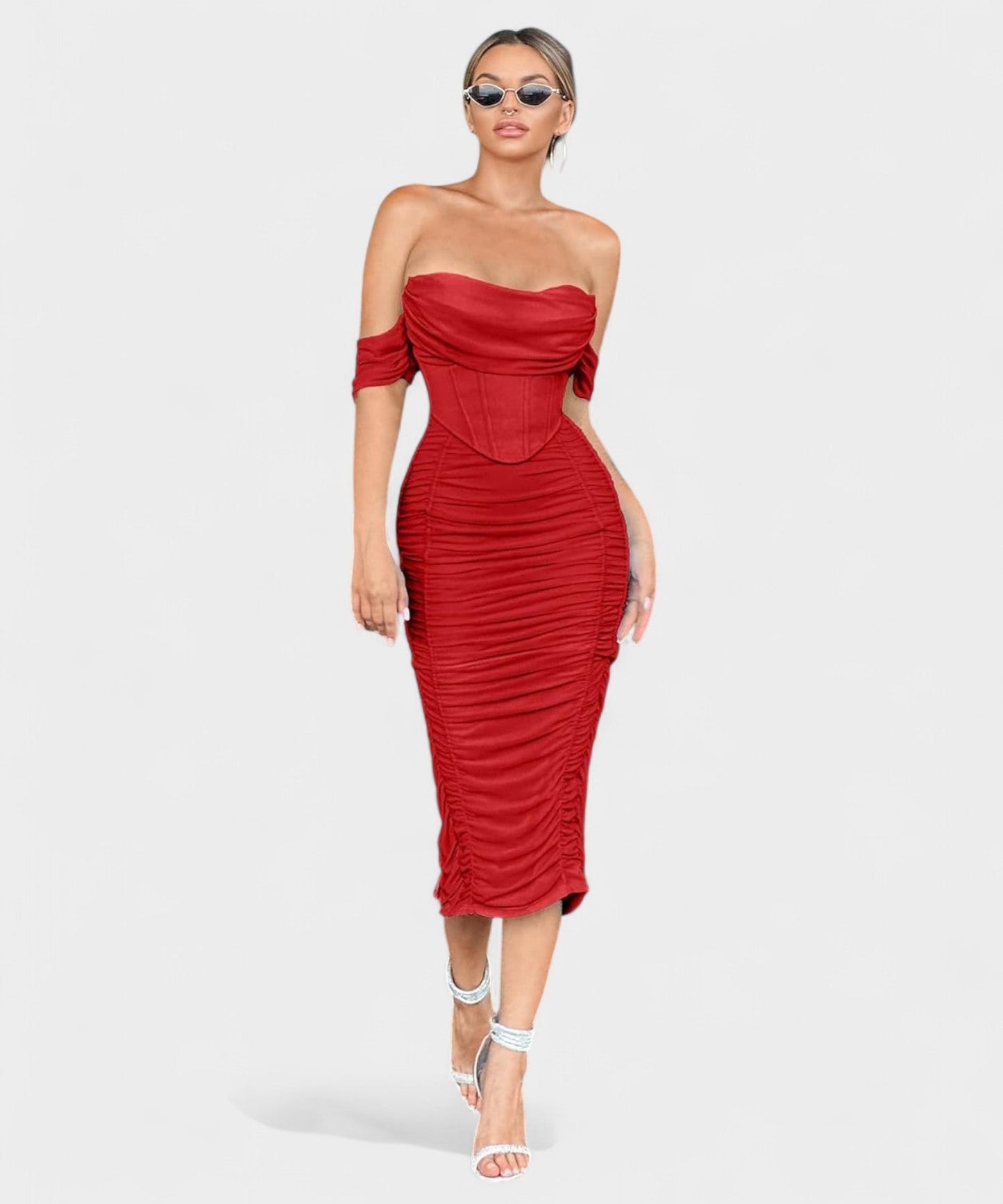 Sofia | Off - Shoulder Ruched Bodycon Midi Dress - Lora Toronto