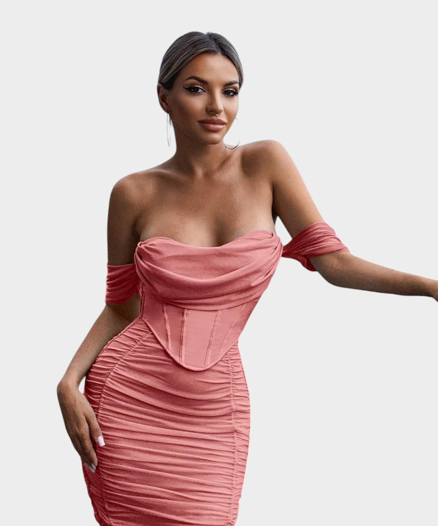Sofia | Off - Shoulder Ruched Bodycon Midi Dress - Lora Toronto