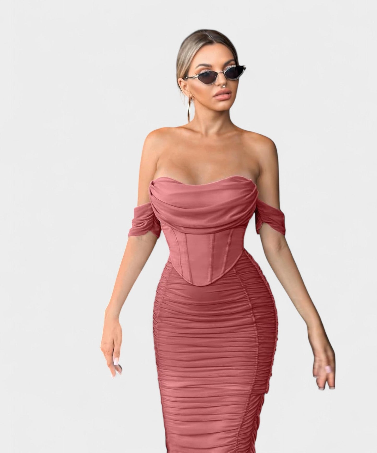 Sofia | Off - Shoulder Ruched Bodycon Midi Dress - Lora Toronto