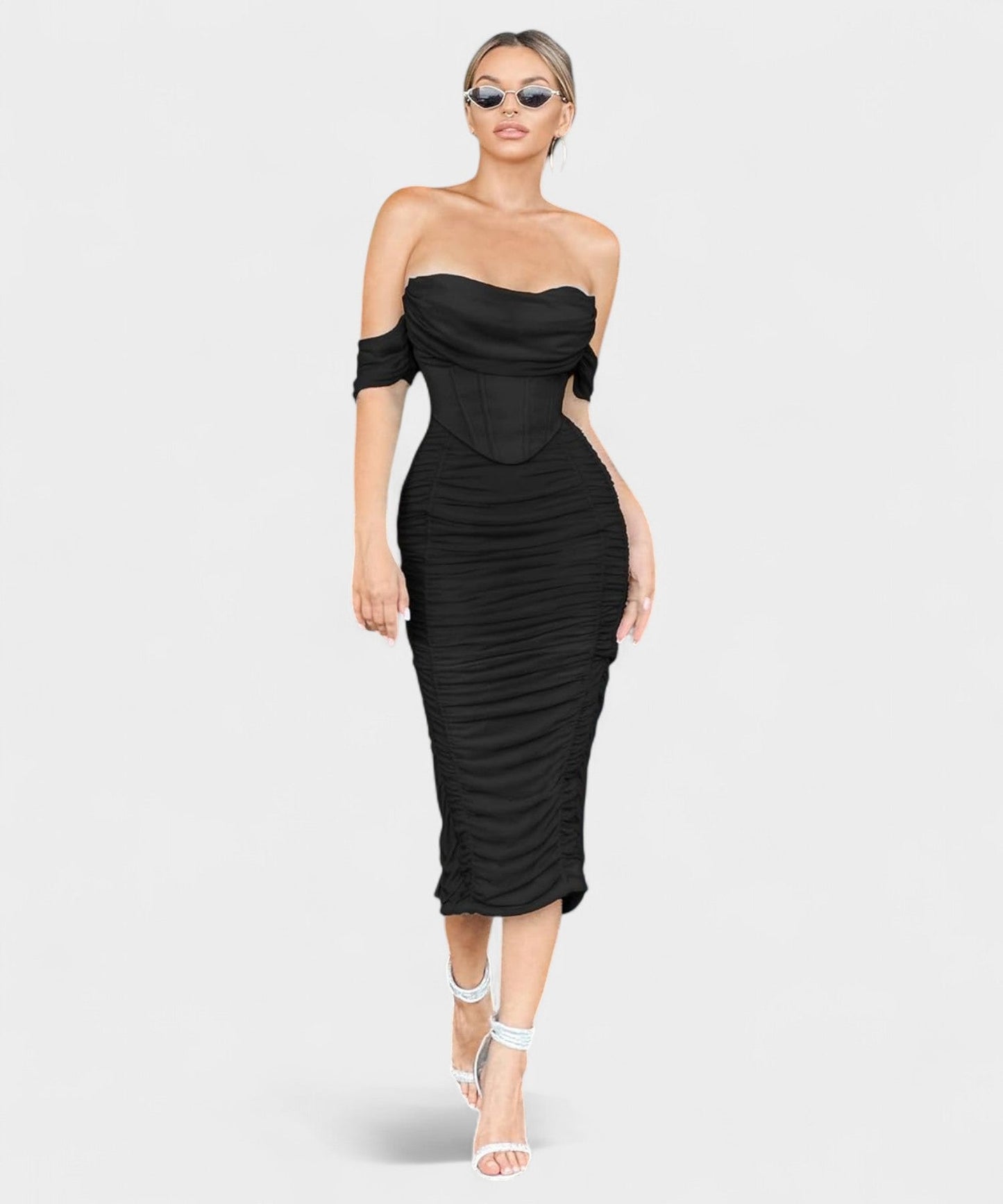 Sofia | Off - Shoulder Ruched Bodycon Midi Dress - Lora Toronto