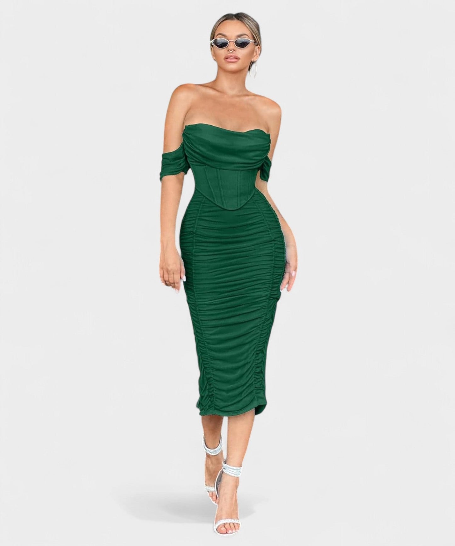 Sofia | Off - Shoulder Ruched Bodycon Midi Dress - Lora Toronto