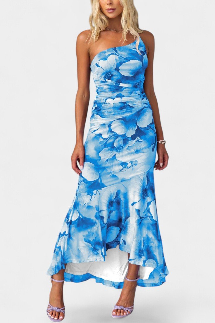 Solene | One - Shoulder Floral Ruched Midi Dress - Lora Toronto