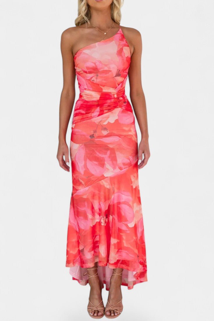Solene | One - Shoulder Floral Ruched Midi Dress - Lora Toronto