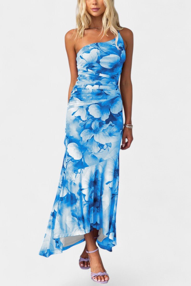 Solene | One - Shoulder Floral Ruched Midi Dress - Lora Toronto