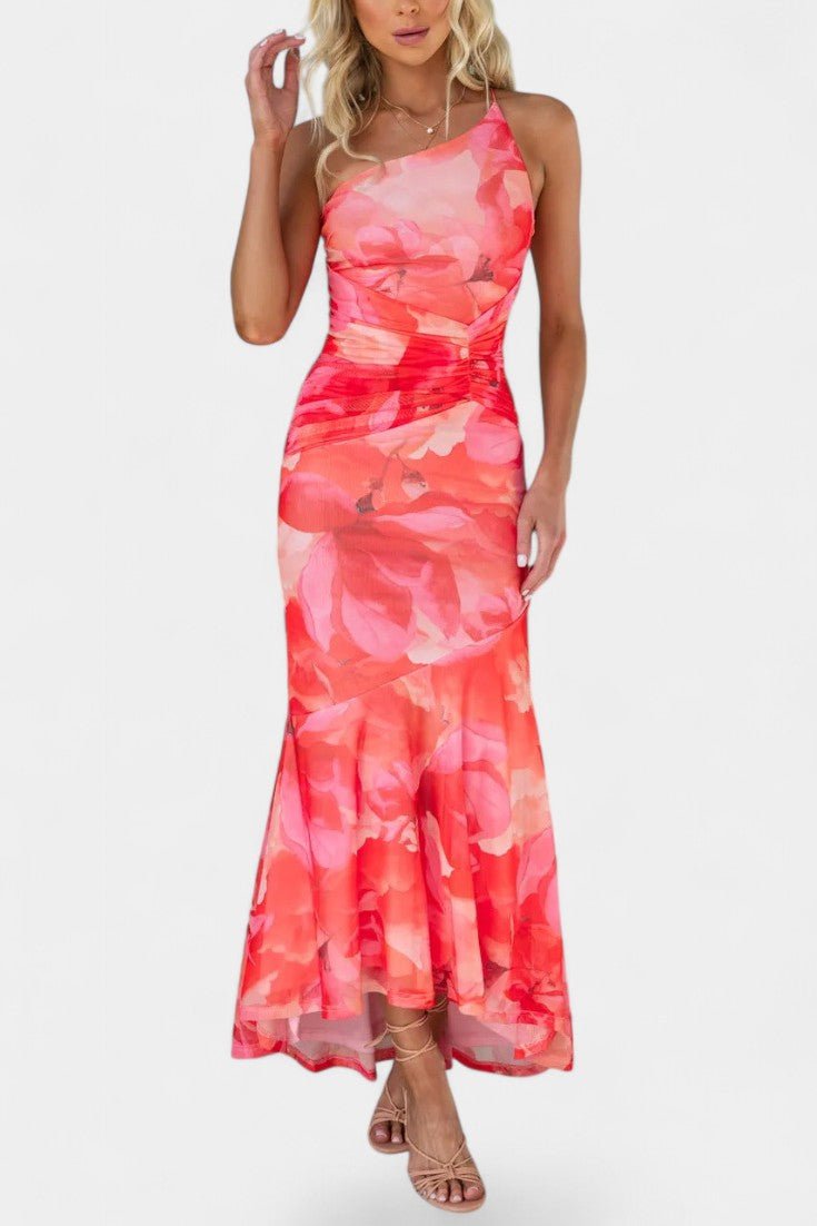 Solene | One - Shoulder Floral Ruched Midi Dress - Lora Toronto