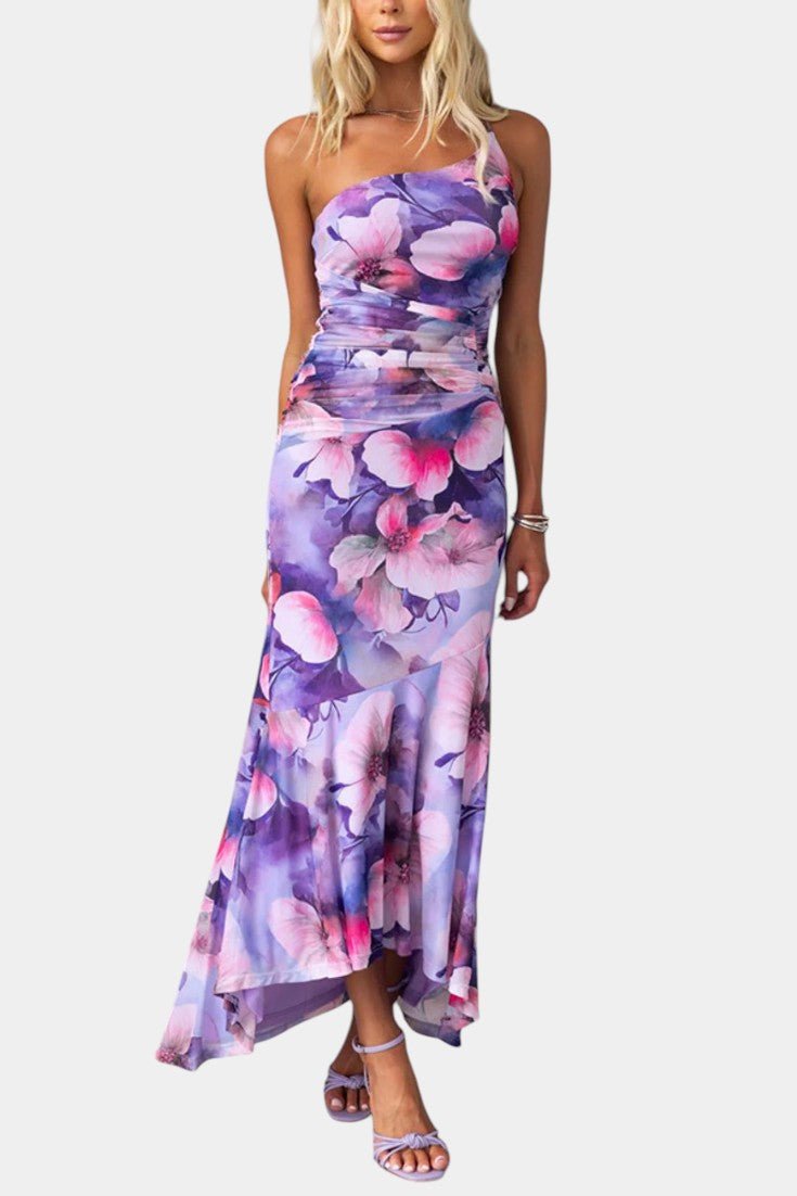 Solene | One - Shoulder Floral Ruched Midi Dress - Lora Toronto