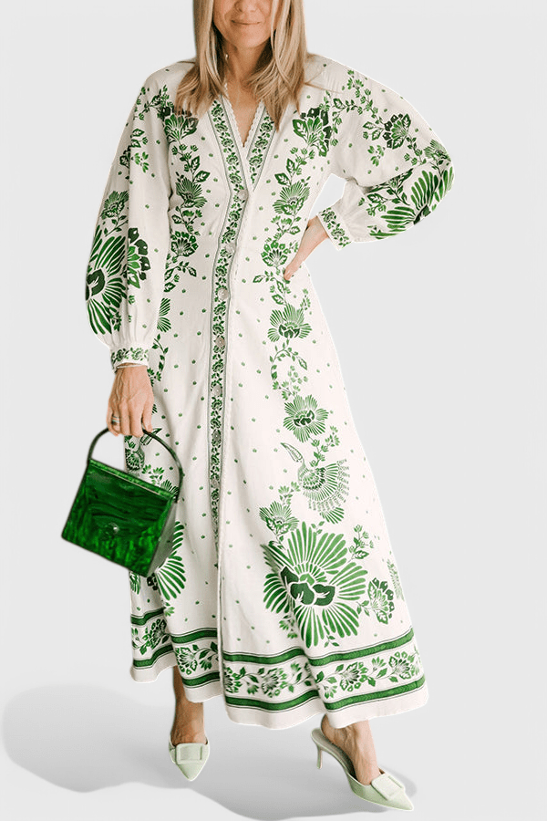 Unique | Print Button Down Long Sleeve Shirt Maxi Dress - Lora Toronto