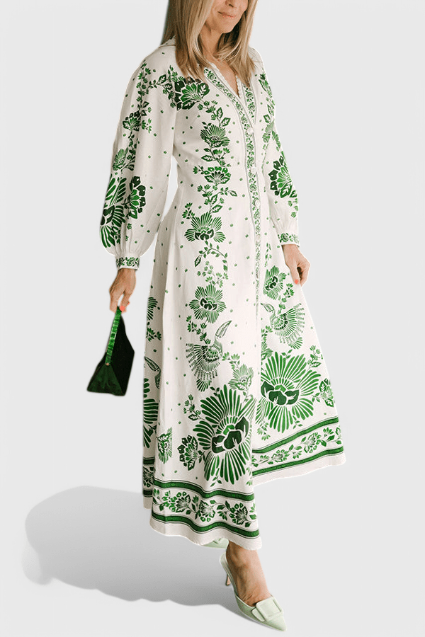 Unique | Print Button Down Long Sleeve Shirt Maxi Dress - Lora Toronto