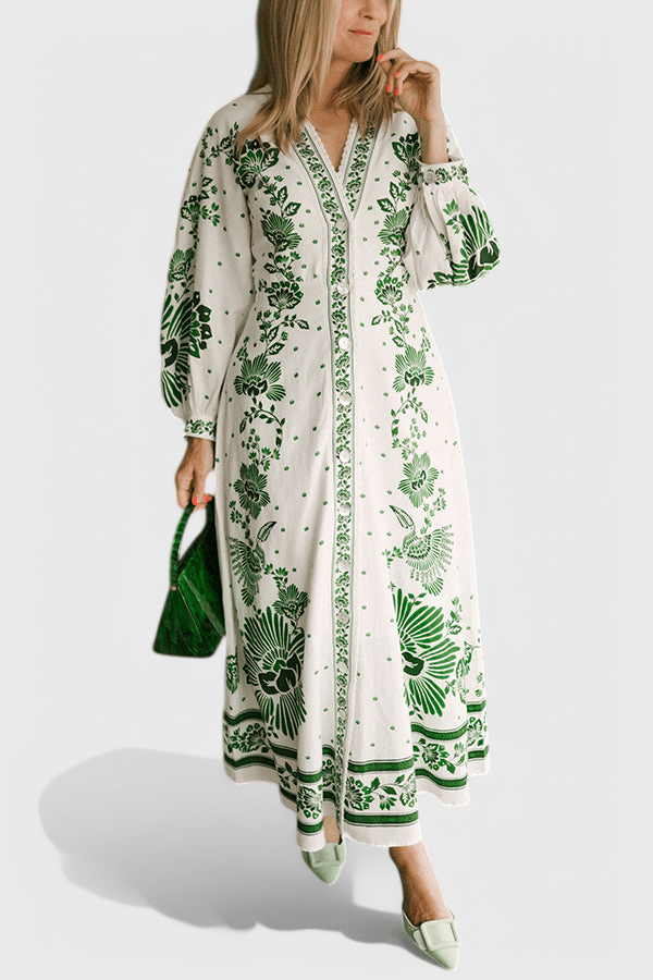Unique | Print Button Down Long Sleeve Shirt Maxi Dress - Lora Toronto