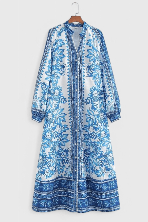 Unique | Print Button Down Long Sleeve Shirt Maxi Dress - Lora Toronto