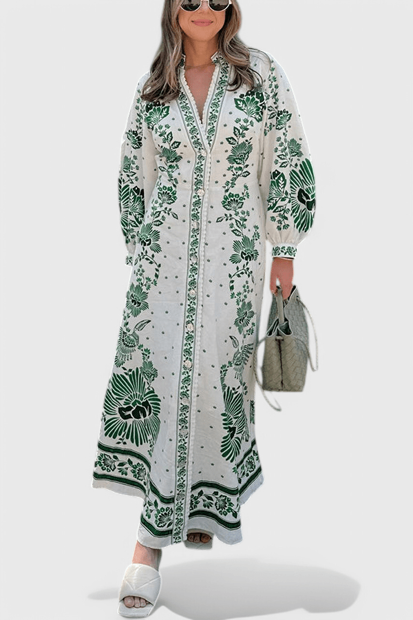 Unique | Print Button Down Long Sleeve Shirt Maxi Dress - Lora Toronto
