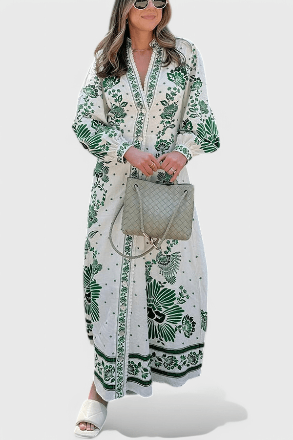 Unique | Print Button Down Long Sleeve Shirt Maxi Dress - Lora Toronto