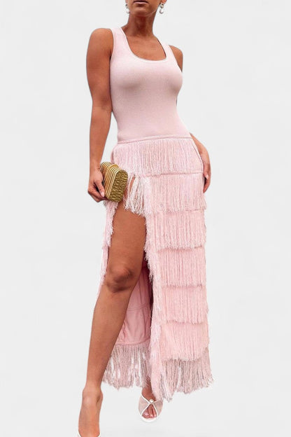 Kalani Layered Fringe Side-Slit Maxi Dress
