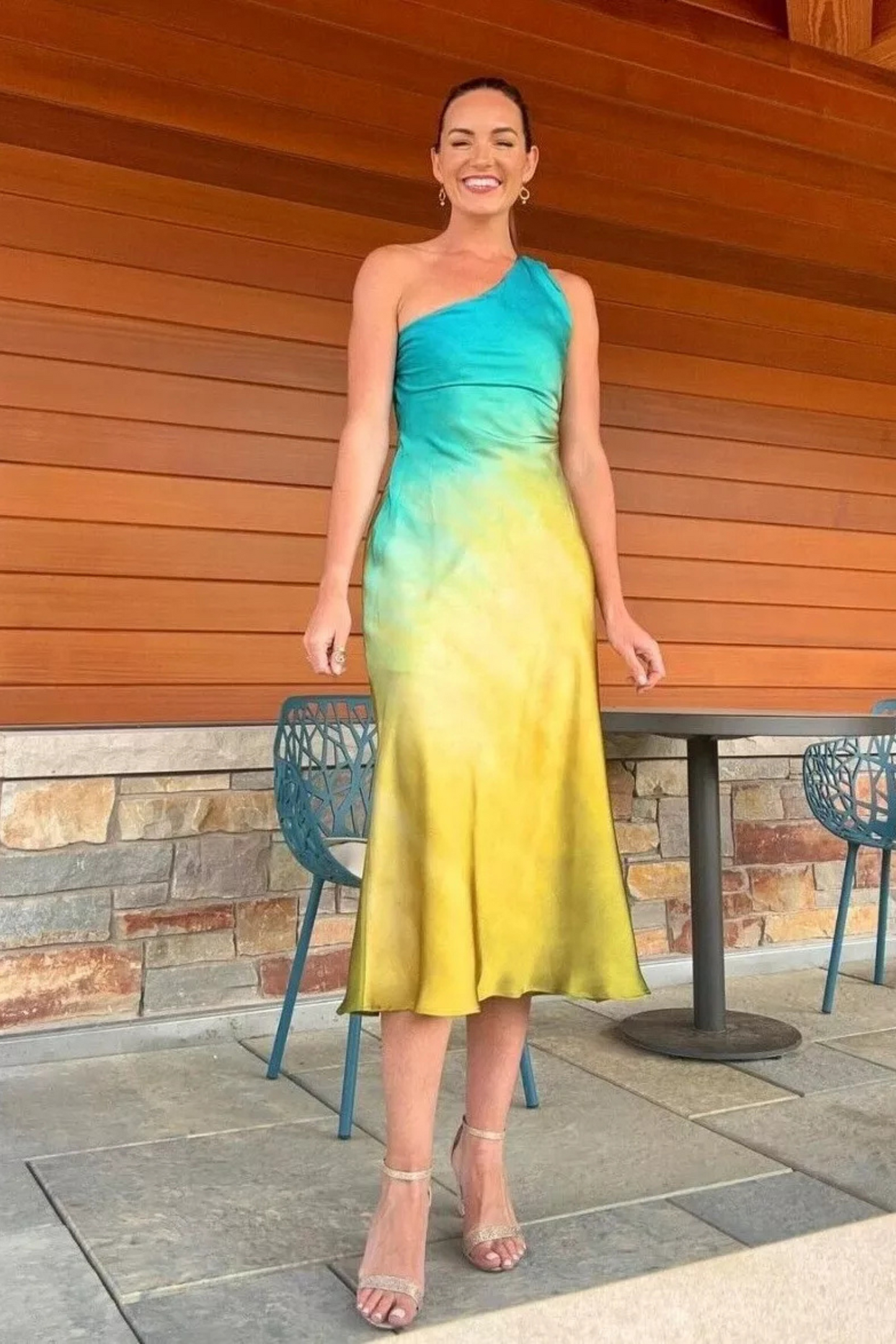 Solana Sunset Ombre One-Shoulder Satin Midi Dress