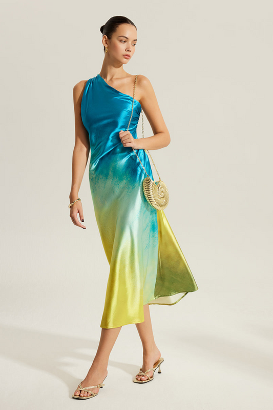 Solana Sunset Ombre One-Shoulder Satin Midi Dress