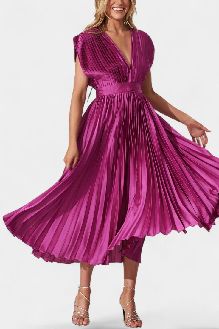 Audrey Pleated V-Neck Midi Dress