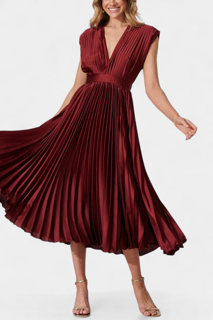 Audrey Pleated V-Neck Midi Dress