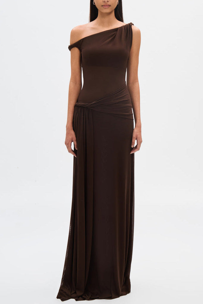 Eranda Draped Mesh Off-Shoulder Maxi Dress