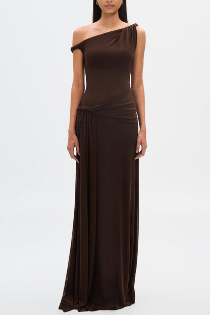 Eranda Draped Mesh Off-Shoulder Maxi Dress
