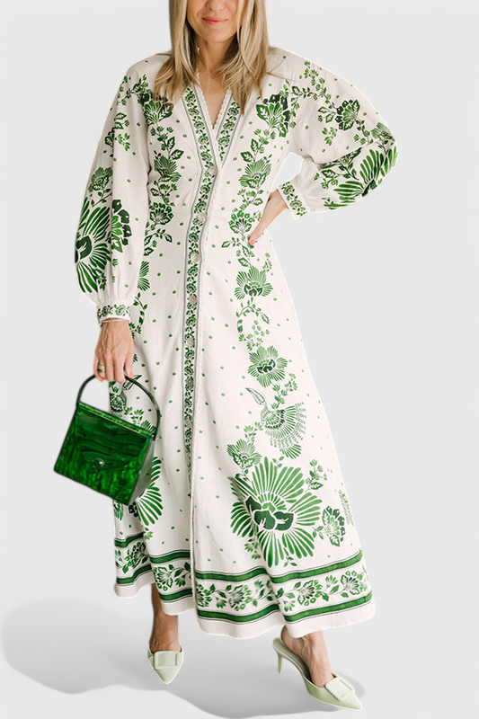 Unique Print Button Down Long Sleeve Shirt Maxi Dress