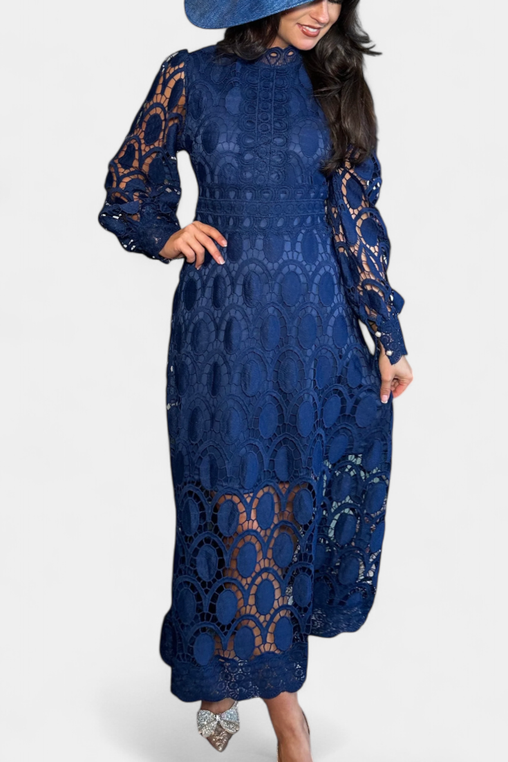 Jovie Embroidered Lace High-Neck Midi Dress