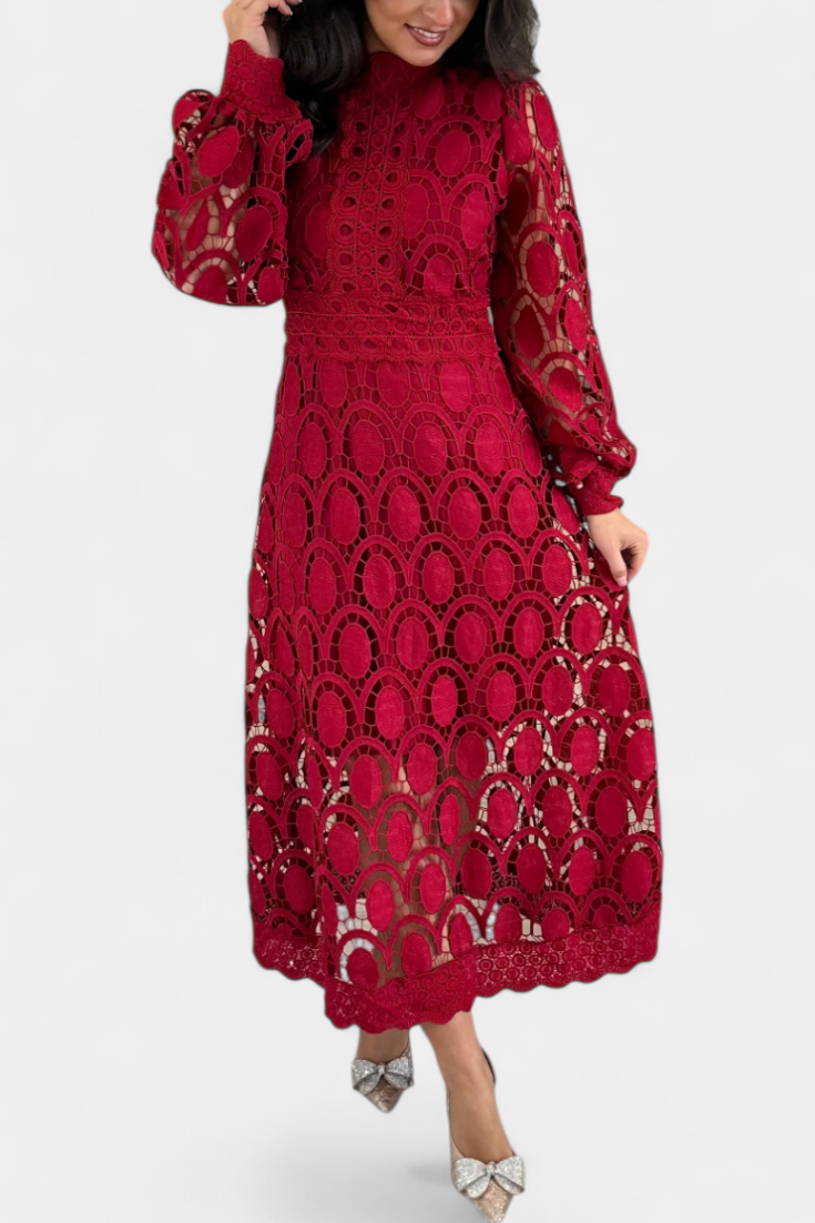 Jovie Embroidered Lace High-Neck Midi Dress