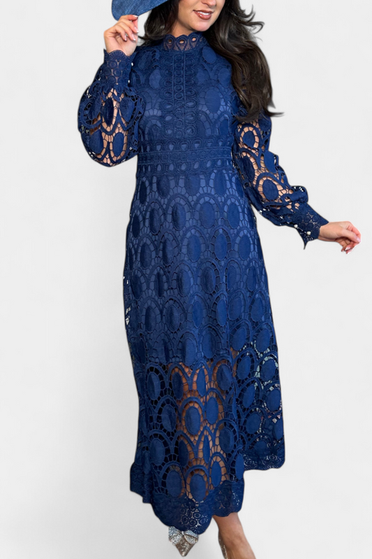 Jovie Embroidered Lace High-Neck Midi Dress