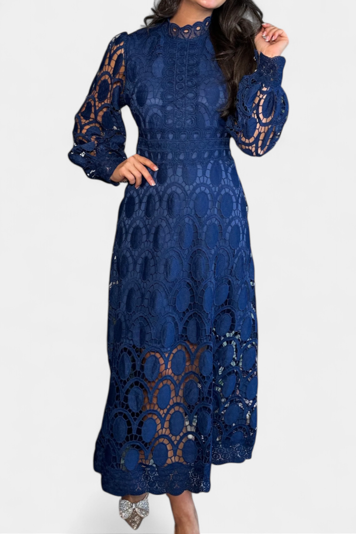 Jovie Embroidered Lace High-Neck Midi Dress