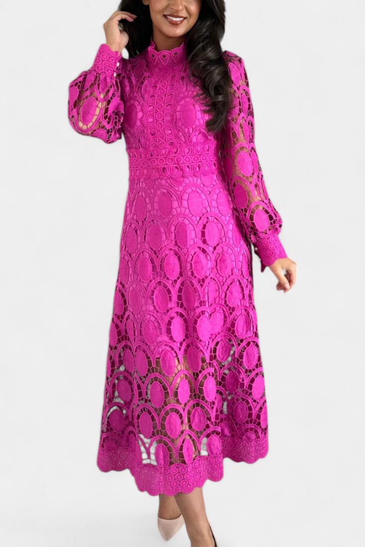 Jovie Embroidered Lace High-Neck Midi Dress