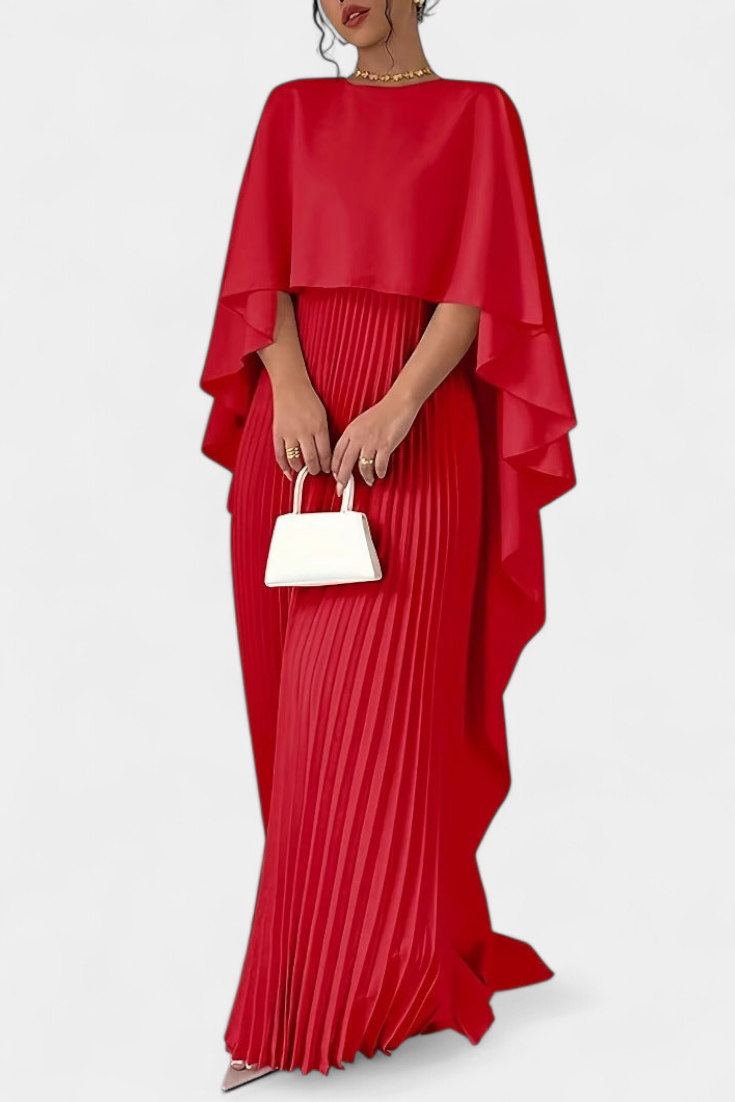 Belen High-Neck Pleated Flutter-Sleeve Maxi Dress