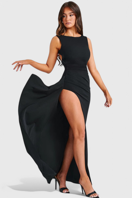 Marion Satin Open Back Gown with High Slit