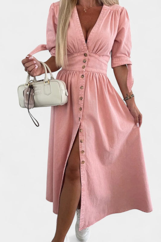 Adelina V-Neck Button Midi Dress